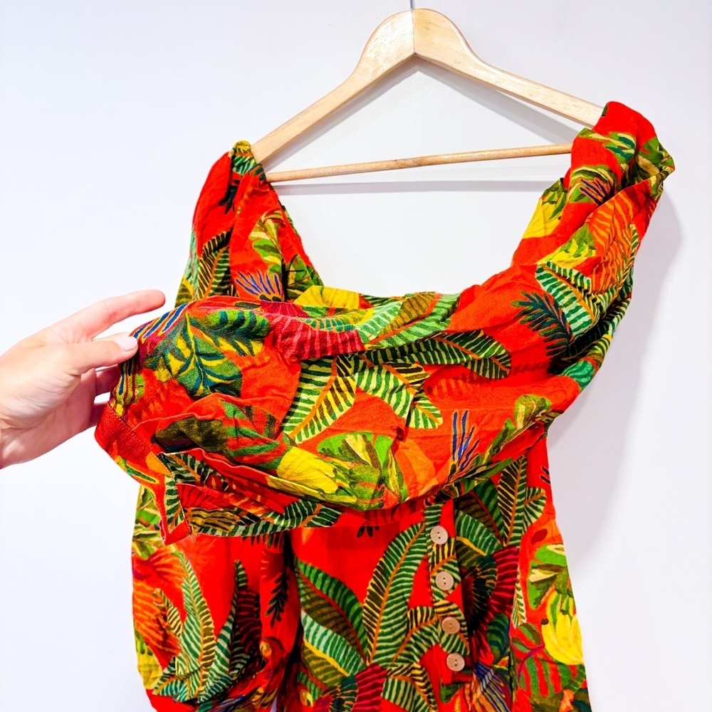 FARM RIO‎ Orange pelican linen romper with tropical print | Small * - Picture 7 of 9